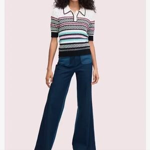 kate spade Multicolor Striped Knit Polo Sweater - White, Black, Pink, Teal, Navy
